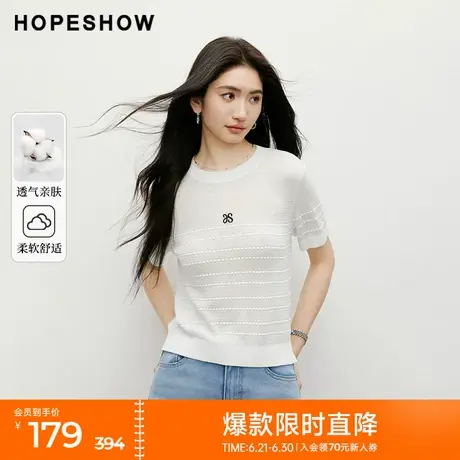 红袖2025夏季新款女装香风字母绣圆领套头短袖针织衫商品大图