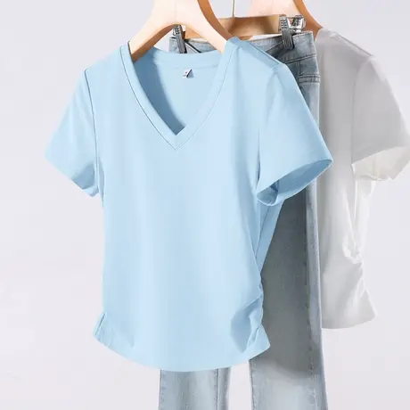回力短袖t恤女夏2025新款修身显瘦正肩设计感抽褶甜辣v领蓝色上衣图片