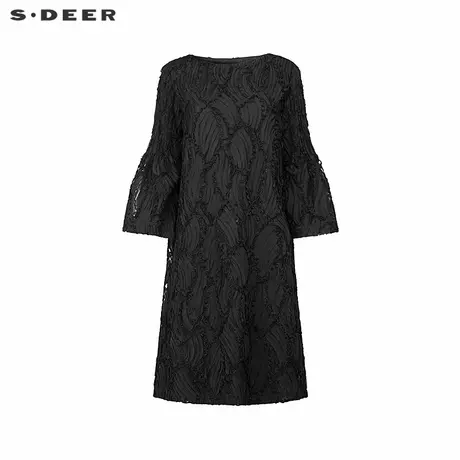 sdeer圣迪奥女装时尚圆领肌理喇叭袖宽松连衣裙S251Z1210商品大图