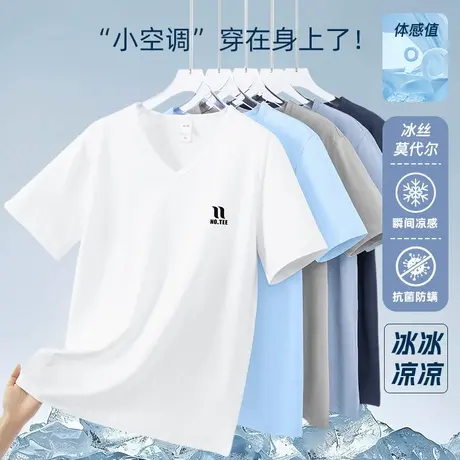 莫代尔白色t恤男短袖抗菌防螨冰丝凉感V领上衣服体恤潮流印花半袖图片