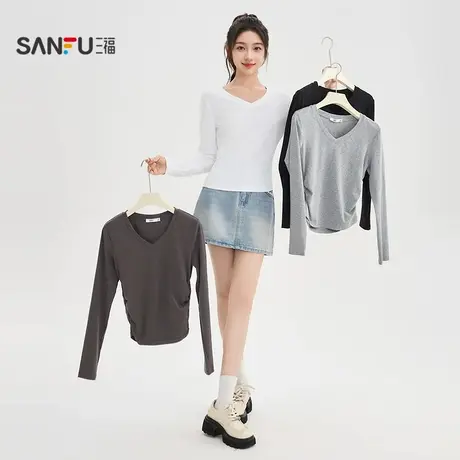 三福长T恤2025秋季褶皱设计V领修身休闲上衣女装504217商品大图