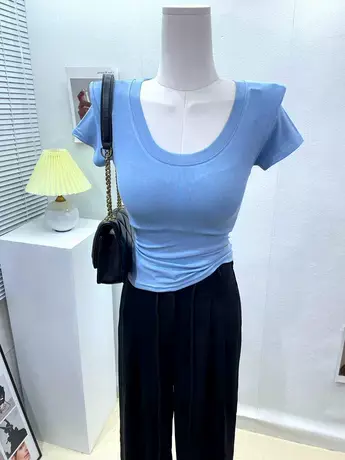 高性价比～基础款大圆领纯色短袖t恤女修身百搭显胸体恤上衣夏季图片