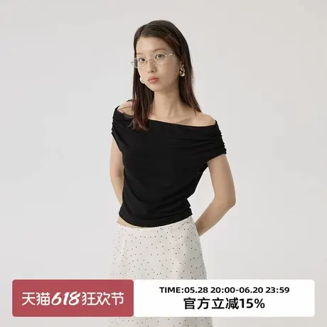 omont蛋挞家 一字肩荡领上衣夏季设计感修身显瘦褶皱短袖T恤商品大图