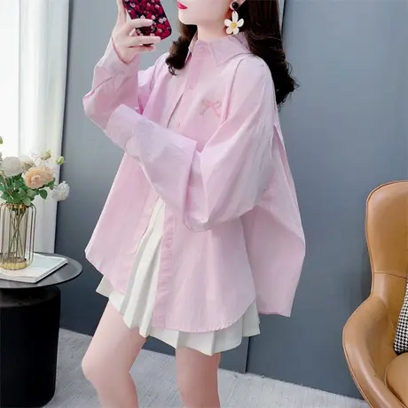 轻薄肌理感刺绣蝴蝶结长袖衬衫女春季2025年新款宽松透气外套上衣图片