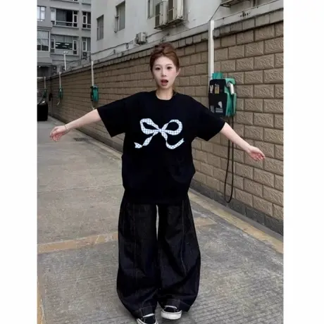 爆款美式纯棉落肩短袖t恤女2025新款夏季高街设计感小众半袖上衣商品大图