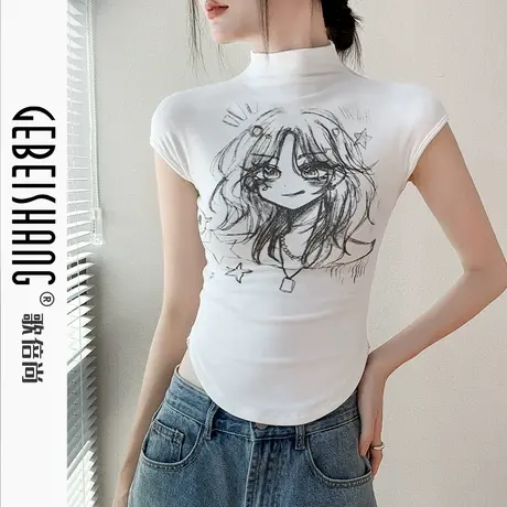 歌倍尚印花半高领无袖t恤女2025早秋新款印花设计感小众坎肩上衣图片