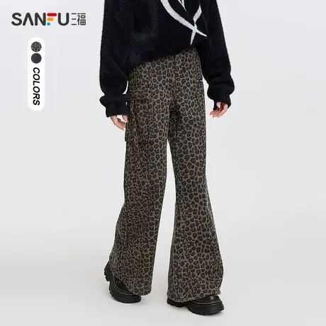 三福牛仔长裤2025冬季工装口袋豹纹喇叭裤裤子女装495244图片