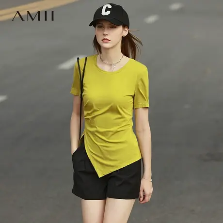 Amii2025夏季新款短袖T恤女正肩设计感不规则褶皱开叉莫代尔上衣商品大图