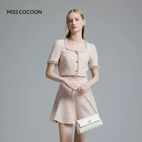 COCOON可可尼 商场同款荷叶边拼接优雅U领沙龙短外套上衣女商品大图