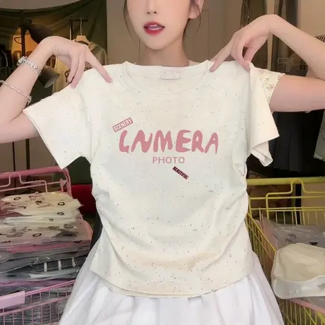 夏季褶皱收腰短款t恤女新款甜美风彩虹波点洋气正肩短袖圆领上衣图片