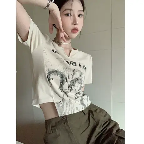 设计感小众正肩不规则别致短袖T恤女夏辣妹短款高腰修身显瘦上衣图片