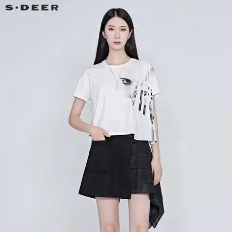 sdeer圣迪奥女装夏装个性人物印花雪纺拼接T恤S20280141图片
