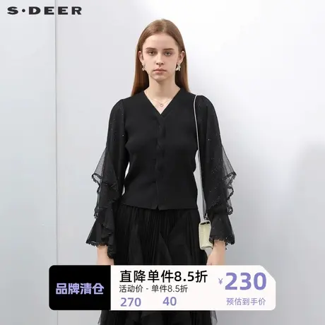 sdeer圣迪奥女装罗纹V领交叉网纱花边针织衫S231Z3507图片