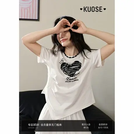 阔色爱心植绒印花白色上衣女2025夏季新款不规则下摆短袖T恤穿搭图片