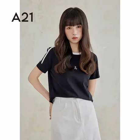 a21女装夏季美式纯棉圆领短袖t恤高级感纯色显瘦打底衫上衣衣服商品大图