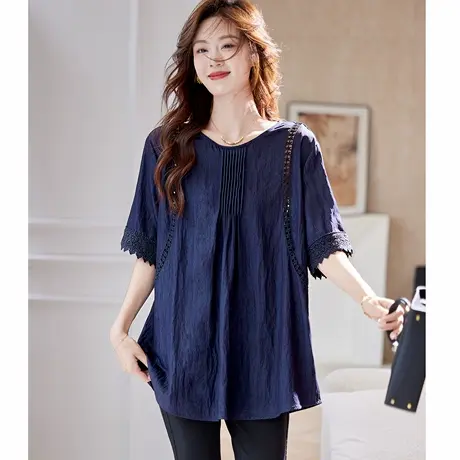 宝诗黎蕾丝镂空拼接牛仔衬衫2025夏季韩版休闲百搭宽松大码衬衣女图片