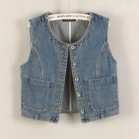 牛仔马甲女背心高腰超短款春秋新款无袖休闲修身圆领复古小外搭商品大图