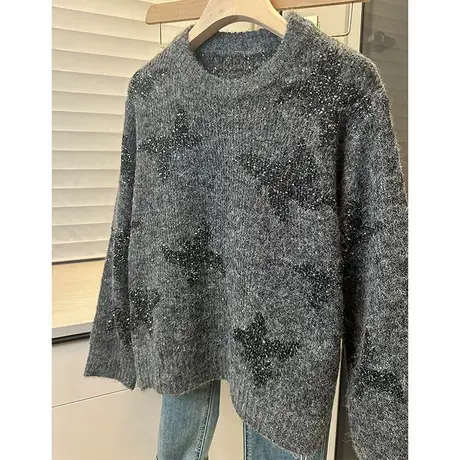 设计感亮片圆领套头毛衣女2025年春装新款洋气长袖针织衫上衣女装商品大图