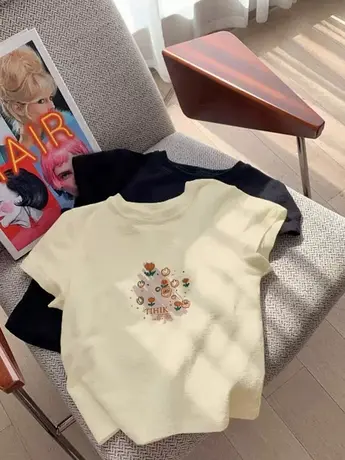 超好看粉色花朵印花正肩短袖t恤女2024新款夏季独特别致漂亮上衣商品大图