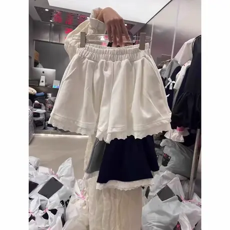 蕾丝边拼接松紧高腰宽松阔腿短裤女夏季休闲居家外穿辣妹热裤潮商品大图