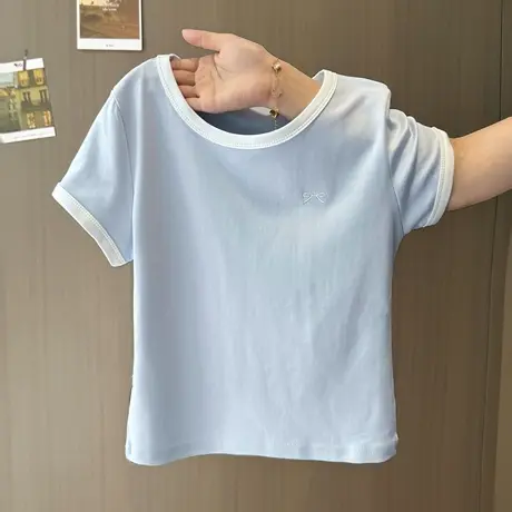 正肩短款短袖T恤女2025年夏季新款修身韩版撞色蝴蝶结刺绣上衣潮图片