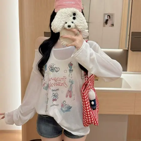 2025夏防晒透视新款一字领露肩宽松个性印花长袖T恤女百搭罩衫商品大图