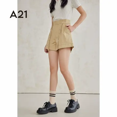 A21女装宽松短裤夏季新款纯棉设计感排扣薄款休闲三分裤商品大图