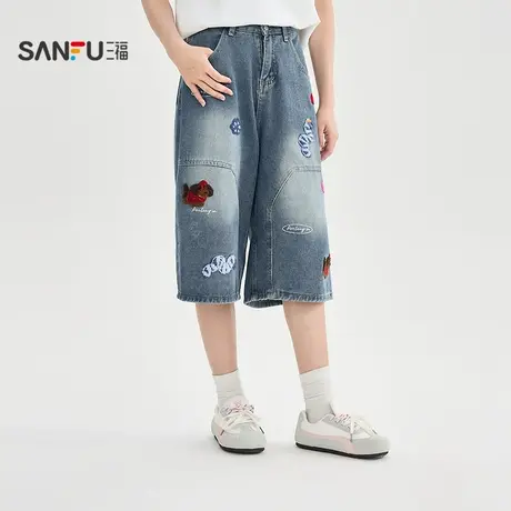 三福牛仔短裤2025夏季毛巾绣卡通图案中腰时尚中裤女装506734商品大图