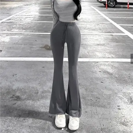 现货~韩国东大门性感高腰系带休闲运动喇叭裤显身材紧身裤商品大图