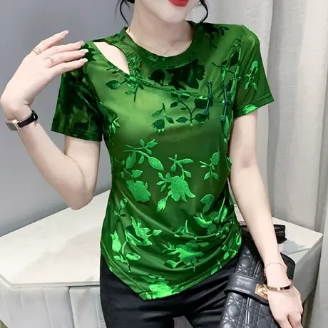 性感网纱短袖上衣女2024夏季新款不规则开叉T恤心机镂空小衫丅恤商品大图
