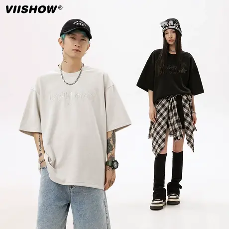 VIISHOW美式字母刺绣短袖T恤男2024夏季简约潮牌高街圆领半袖商品大图