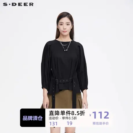 sdeer圣迪奥女装压褶收腰黑色长袖衬衫上衣女设计感小众S21360529🐖商品大图