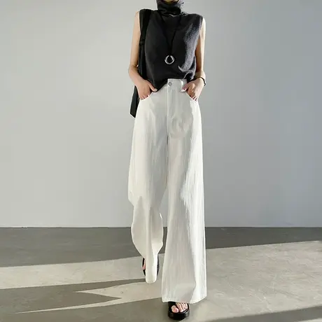 白色高腰九分阔腿裤女2025春夏休闲垂感宽松显瘦纯色拖地直筒裤子商品大图