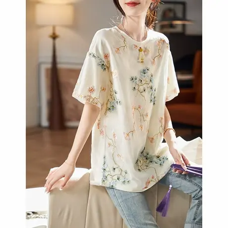 宝诗黎圆领国风刺绣短袖T恤2025夏季新中式洋气棉质休闲上衣女装图片