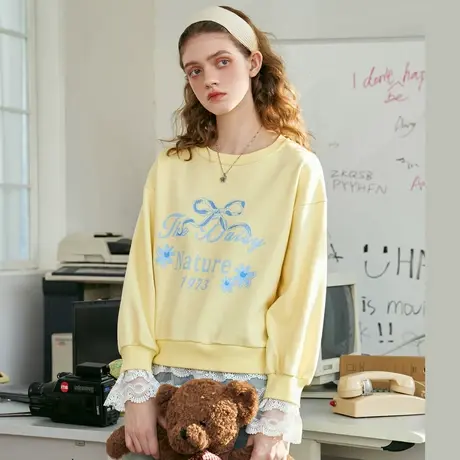 a02蕾丝拼接蝴蝶结设计感上衣2025春季休闲长袖圆领女式卫衣图片