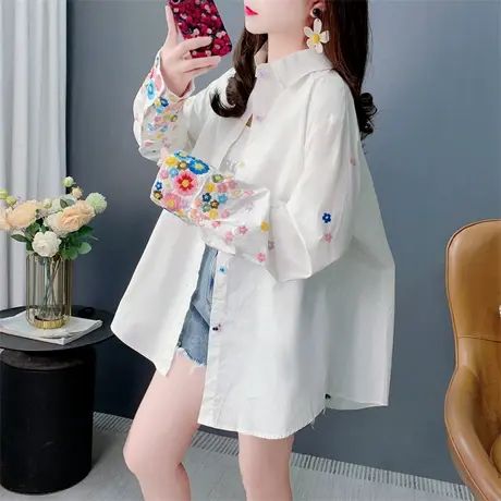 欧洲站重工刺绣长袖衬衫女春季2025新款宽松薄款洋气时尚外套上衣图片