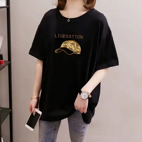 黑色大码纯棉短袖t恤女装2025夏季新款胖mm中长款遮屁股半袖上衣图片