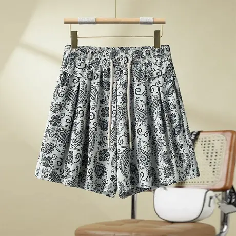 印花阔腿短裤女夏季新款松紧高腰休闲裤宽松洋气时尚小个子运动裤商品大图