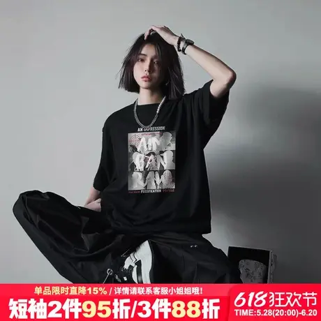 美式hiphop嘻哈风小众潮牌黑色短袖t恤女宽松大版重磅半袖上衣夏商品大图