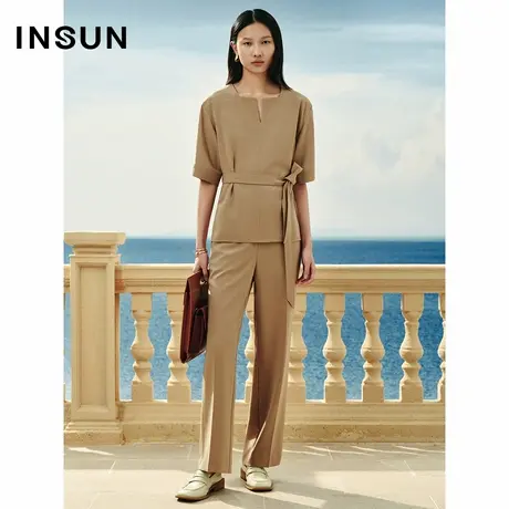 INSUN恩裳专选夏季简约方领醋酸卡其色上衣商品大图