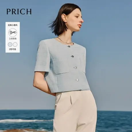 【超能小太阳】PRICH小香风夏季短袖西装外套女圆领正肩薄款上衣图片