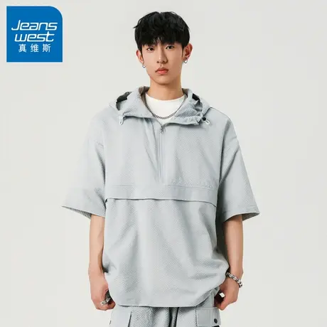 N5真维斯短袖t恤男连帽2025夏季新款半拉链拼接男生宽松百搭上衣商品大图