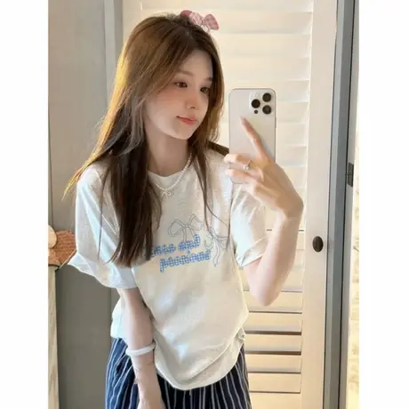 独特韩系蝴蝶结印花纯棉短袖t恤女2025夏季休闲百搭宽松上衣ins潮商品大图