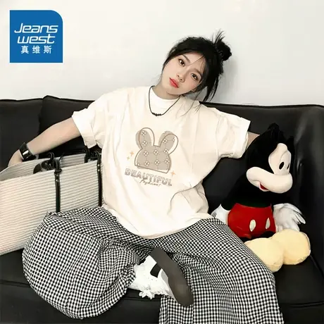 JR纯棉短袖T恤女2025新款oversize潮流休闲多巴胺色系宽松款上衣商品大图