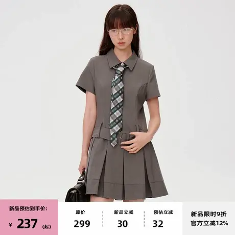 【7/08 20点新品9折】omont蛋挞家复古Polo领灰色条纹百褶连衣裙商品大图