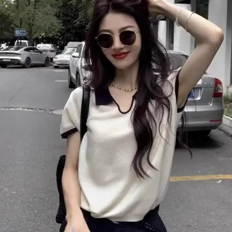 冰丝针织Polo衫正肩短袖t恤女夏季韩里韩气设计感小众短款v领上衣图片