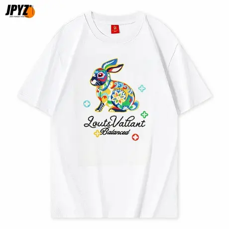 街派一族潮流宽松大码光感刺绣兔子短袖t恤男夏季纯棉圆领半袖图片