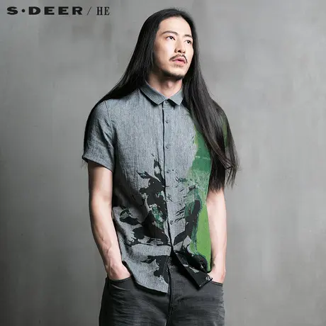 S.Deer/He【惠】圣迪奥休闲泼墨男士短袖衬衫H15270462图片