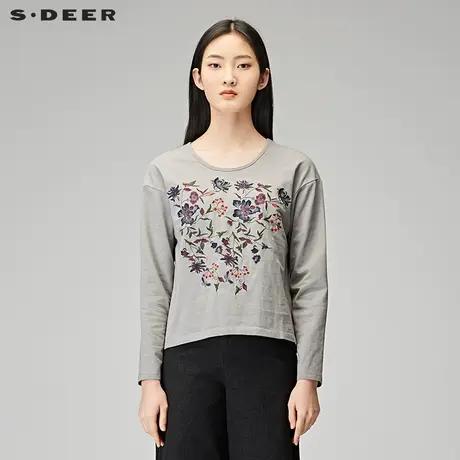 sdeer圣迪奥2019春装圆领艳丽花朵刺绣长袖灰调T恤女装S17380299图片