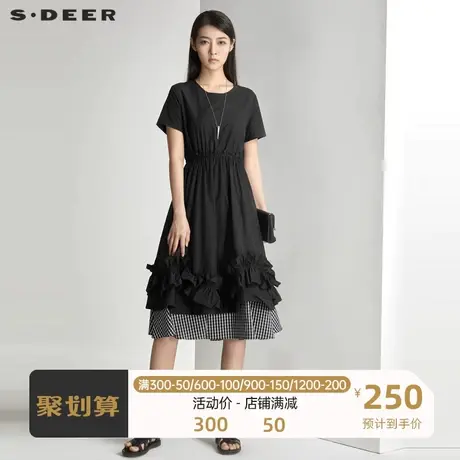 sdeer圣迪奥女装时尚圆领抽褶木耳边格纹拼接短袖连衣裙S21261233商品大图